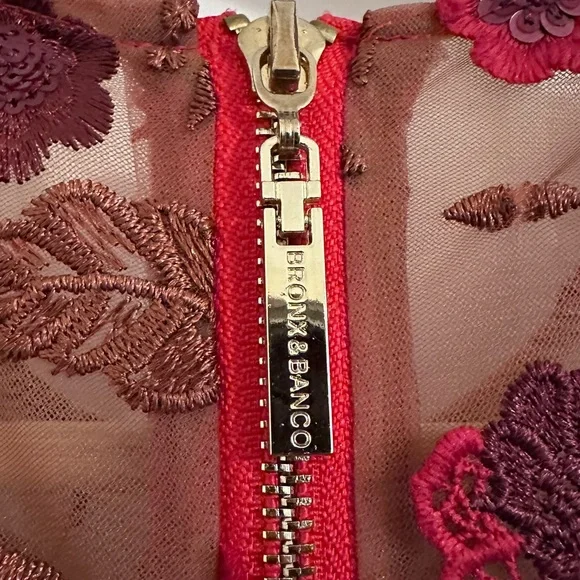 Bronx and Banco Della Rouge Mini Dress Red Floral Sheer Embellished Sz Medium 6 - Picture 7 of 12